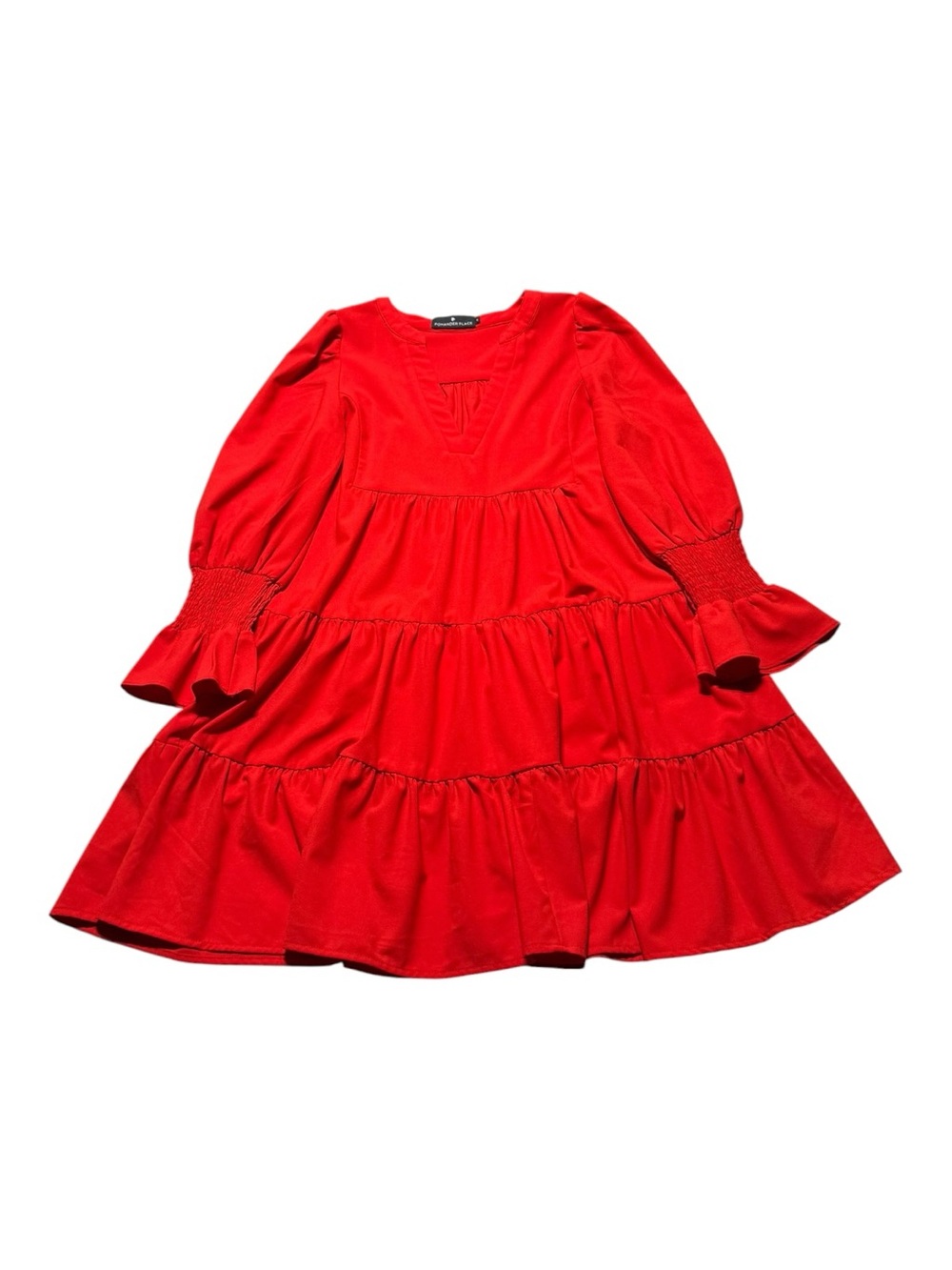 Pomander Place Red Crepe Kenzo Dress Womens Small Tiered Babydoll Smocked - Picture 3 of 10